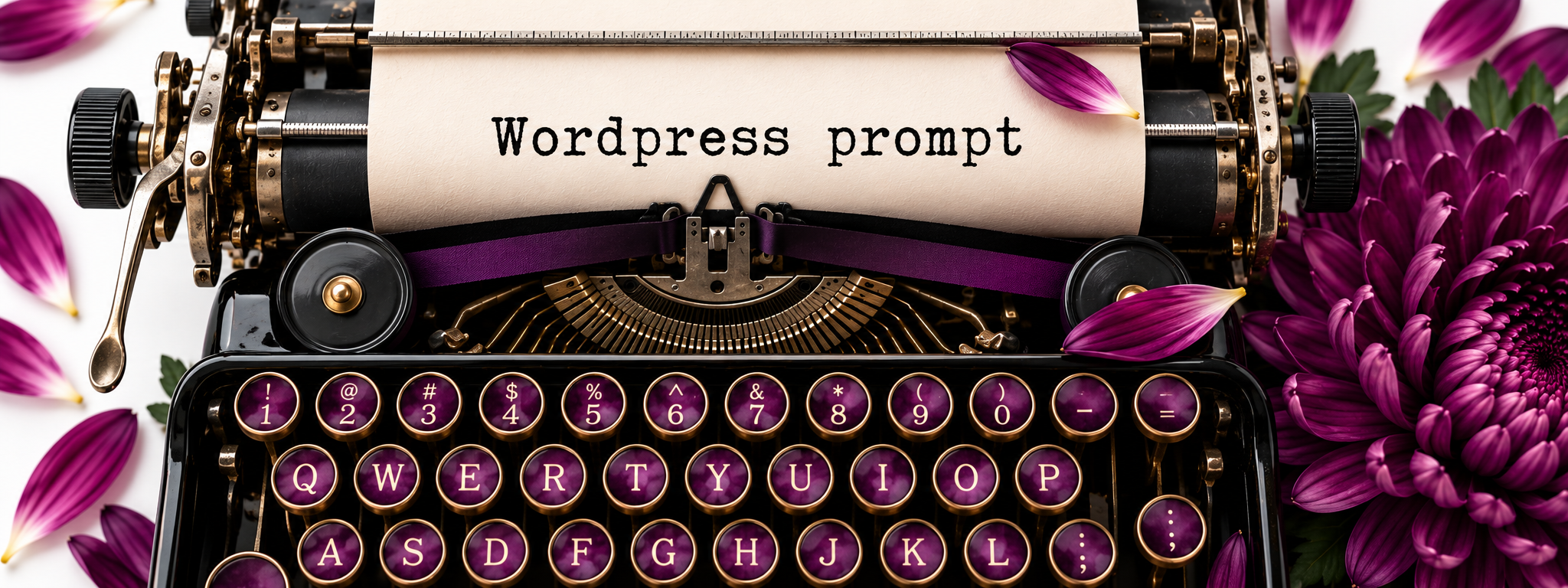 Vintage black typewriter with purple lettered keys and cream paper displaying “Wordpress prompt”, framed by deep purple chrysanthemums and scattered magenta petals against a white background.